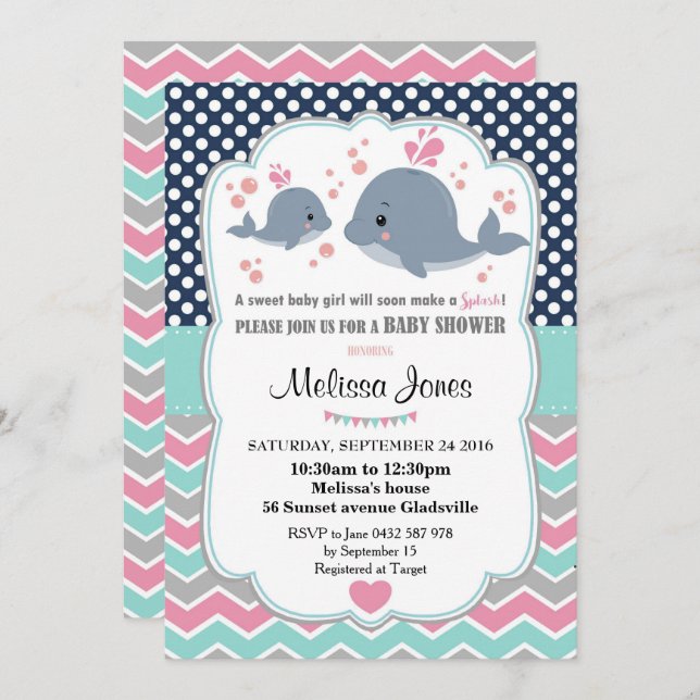 Whale Baby Shower Personalisierte Einladung Girl (Vorne/Hinten)