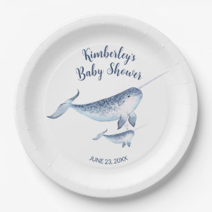 Whale Baby Shower Watercolor Blue Paper Plate Pappteller