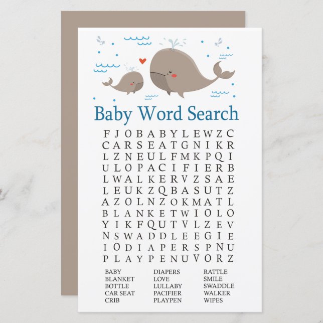 Whale Baby Shower Word Search Game (Vorne/Hinten)