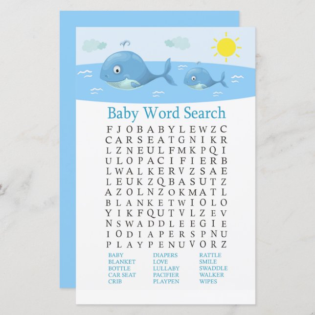 Whale Baby Shower Word Search Game (Vorne/Hinten)