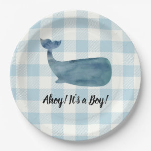 Whale Blue Gingham Baby Shower Ahoy ist ein Junge Pappteller