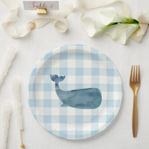 Whale Blue Gingham Baby Shower Pappteller