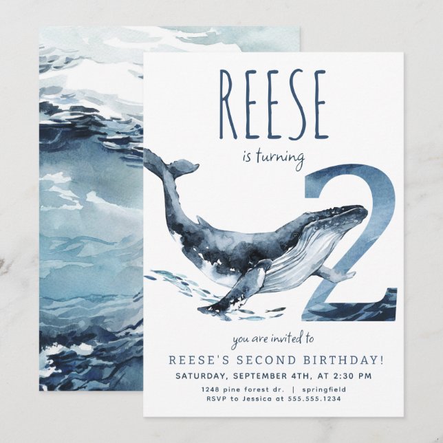 Whale - Einladung zum zweiten Geburtstag (Vorne/Hinten)