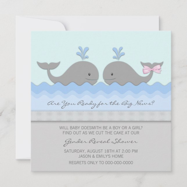Whale Gender Reveal Baby Shower Einladung (Vorderseite)