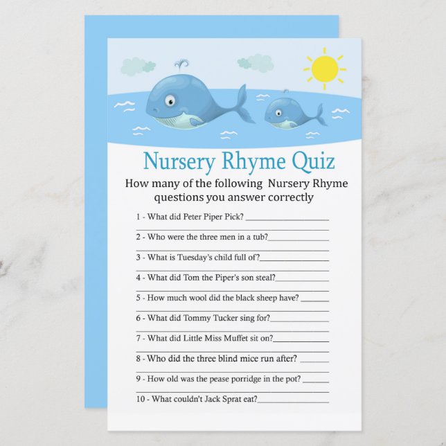 Whale Kinderzimmer Rhyme Quiz Babydusche (Vorne/Hinten)