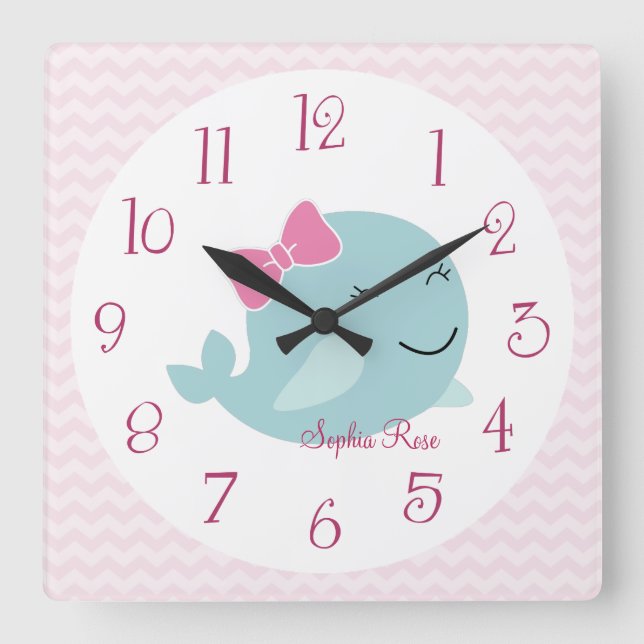 Whale-Kinderzimmer-Uhr personalisierter Seegüter Quadratische Wanduhr (Vorderseite)