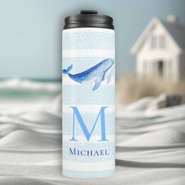 Whale Monogram Beach Wasserfarbe Thermosbecher (boy tumbler personalized monogram whale sea blue stripes nautical ocean grandchild baby gift)