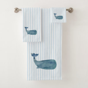 Whale Nautical Blue Stripe Malerei Badhandtuch Set