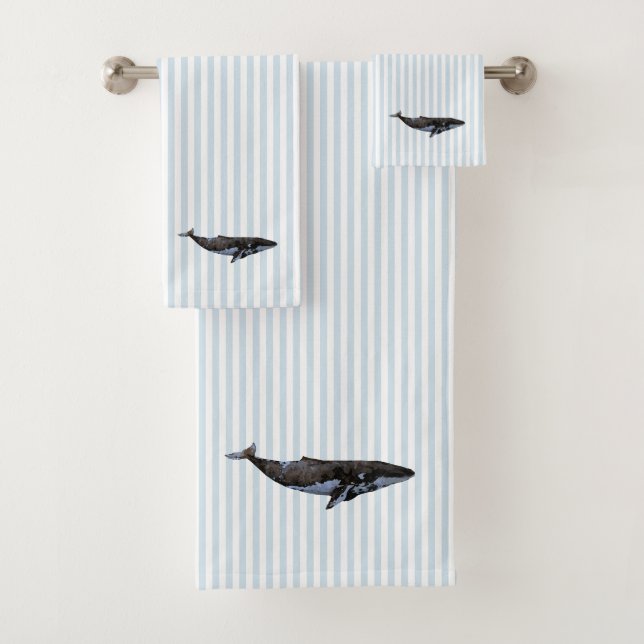 Whale Nautical Blue Stripe Malerei Badhandtuch Set (Insitu)