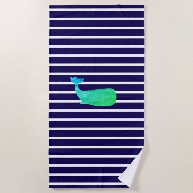 Whale Nautical Stripe Strandtuch (Vorderseite)