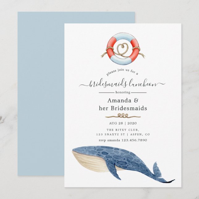 Whale Nautical Wedding Bridesmaids Luncheon Einladung (Vorne/Hinten)