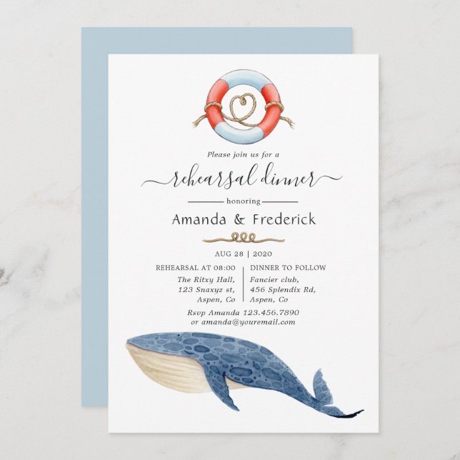 Whale Nautical Wedding Probe Dinner Einladung (Vorne/Hinten)