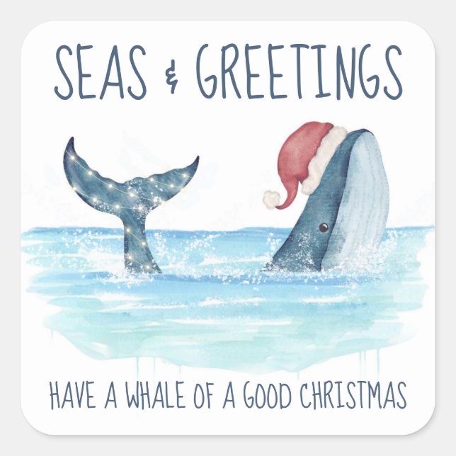 Whale Santa Seas & Greetings Nautische Weihnachten Quadratischer Aufkleber (Vorderseite)