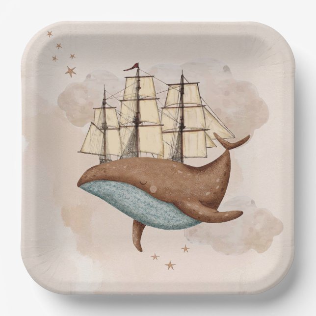 Whale Ship Pastel Gender-Neutral Geburtstag Pappteller (Vorderseite)