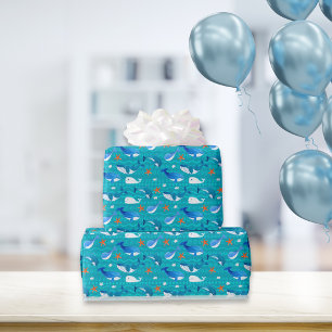 Whale Starfish Muster   Mittel Aquamarin Geschenkpapier