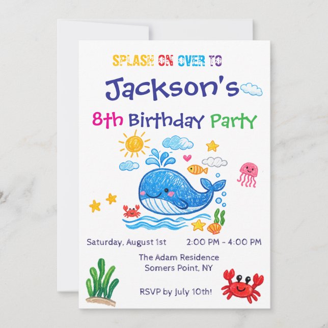 Whale Theme Summer Kids Birthday Invitation Card Einladung (Vorderseite)