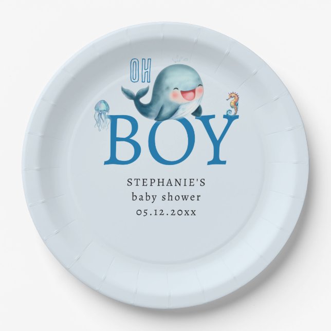 Whale under Sea Watercolor Boy Baby Shower Blue Pappteller (Vorderseite)