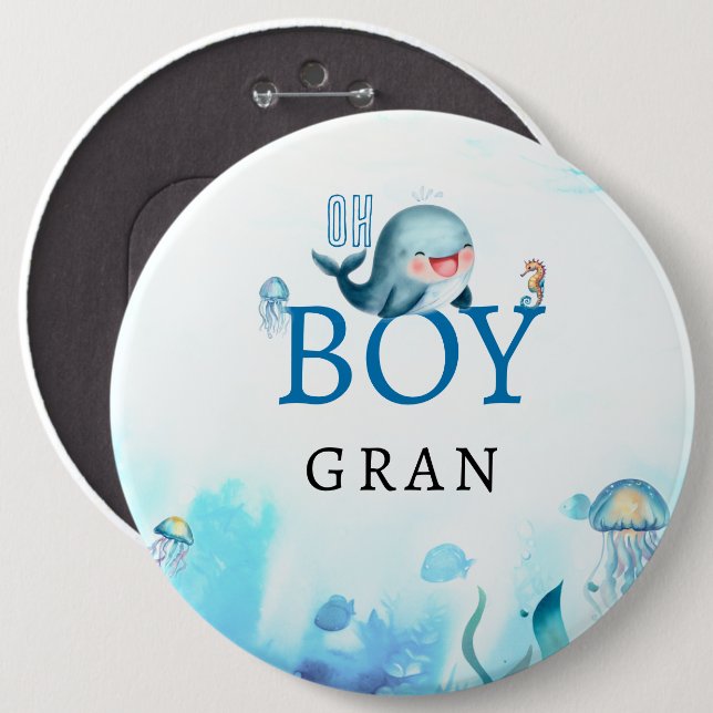 Whale Under Sea Watercolor Boy Baby Shower Granny Button (Vorne & Hinten)