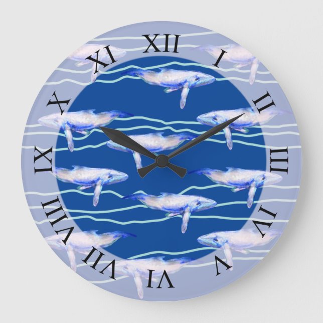 Whale Wasserfarbe Kunst große Uhr (Vorderseite)