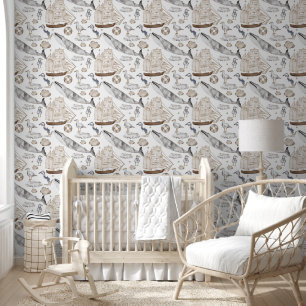 Whales Ships Nautical Brown Baby Room Tapete