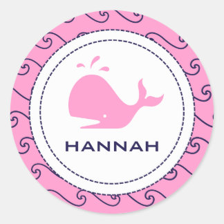 Whales Tale Pink & Wavy Navy Einladung Runder Aufkleber