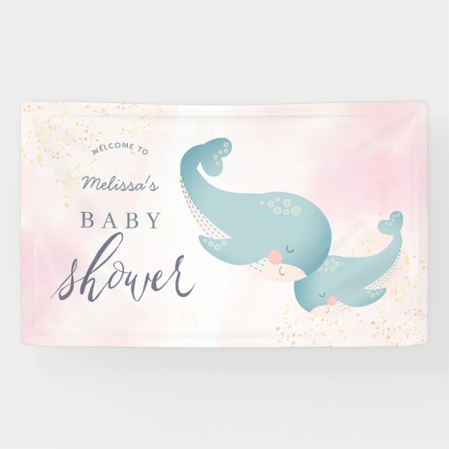 Whales Watercolor Pink Girl Baby Dusche Willkommen Banner (Horizontal)