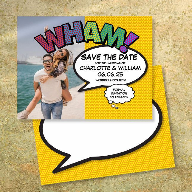 WHAM Foto Save the Date Spaß Modernes Comic Buch Ankündigungspostkarte (WHAM Photo Save the Date Fun Modern Comic Book)