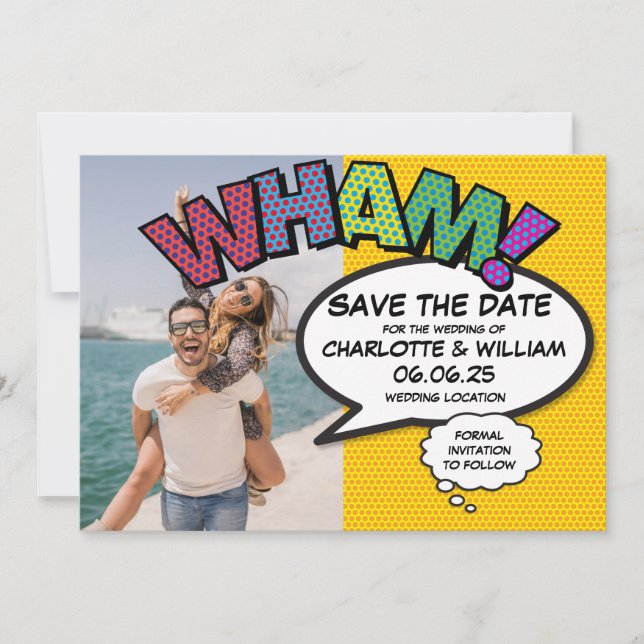 WHAM Foto Speichert das Datum Spaß Retro Comic-Hef Save The Date (Vorderseite)