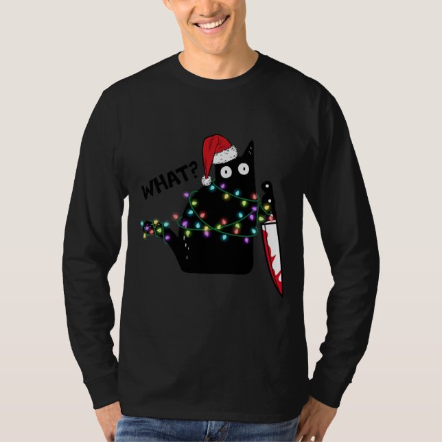 What Cat With Knife Santa Hat Xmas Lights Funny T-Shirt (Vorderseite)
