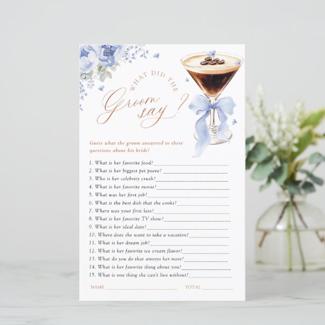 What Did the Groom Say Blue Bow Bridal Shower Game (Stehend Vorderseite)