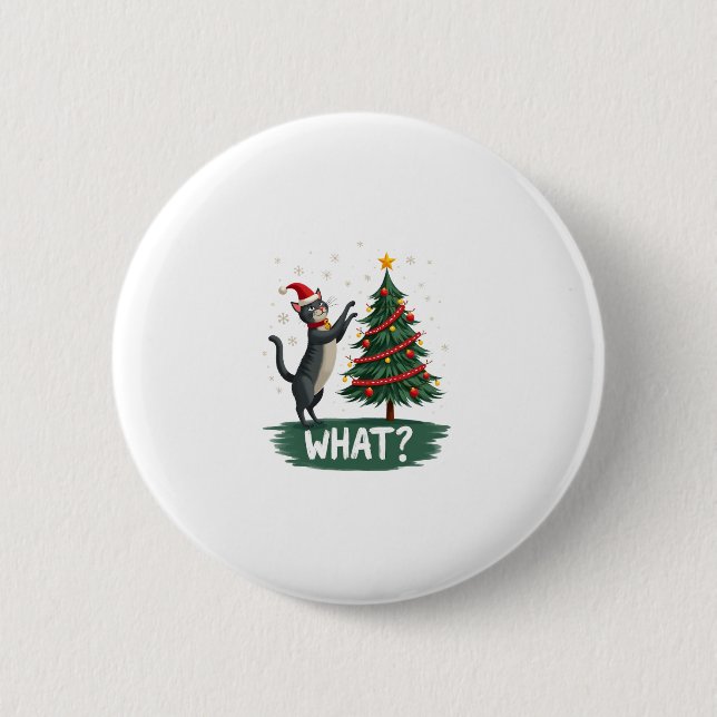What Funny Cat Pushing Christmas Tree Over Cat Xma Button (Vorderseite)