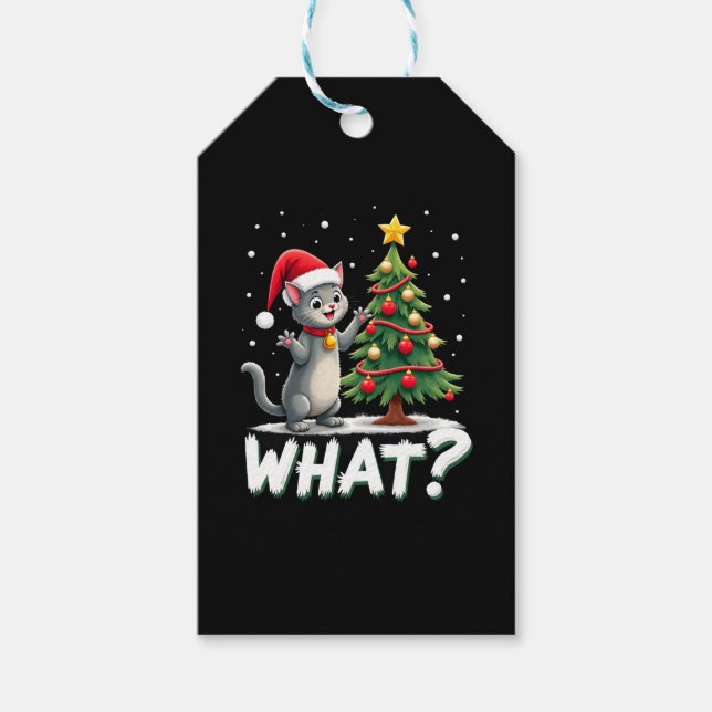 What Funny Cat Pushing Christmas Tree Over Cat Xma Geschenkanhänger (Vorderseite)
