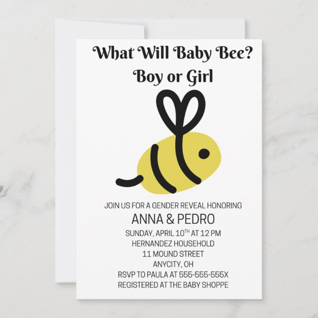 What Will Baby Bee Gender Reveal Einladung (Vorderseite)