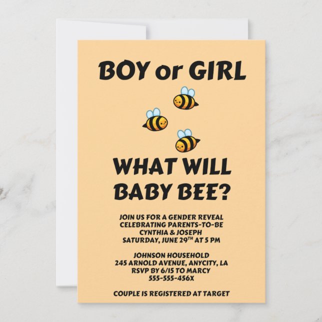 What Will Baby Bee gender reveal party Einladung (Vorderseite)