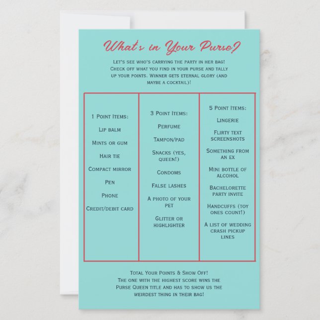 What's in Your Purse? Bachelorette Party Game (Vorderseite)