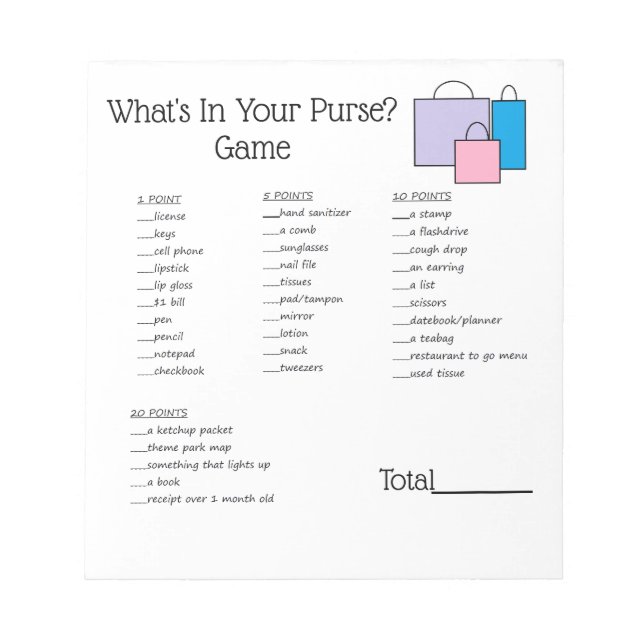 "What's in Your Purse"-Game-Notepad Notizblock (Vorderseite)