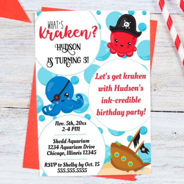 "What's Kraken" Octopus Pirate Children's Birthday Einladung ("what's kraken" octopus pirate themed birthday party invitation)