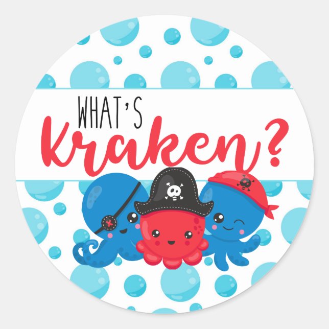"What's Kraken" Octopus Pirate Children's Birthday Runder Aufkleber (Vorderseite)