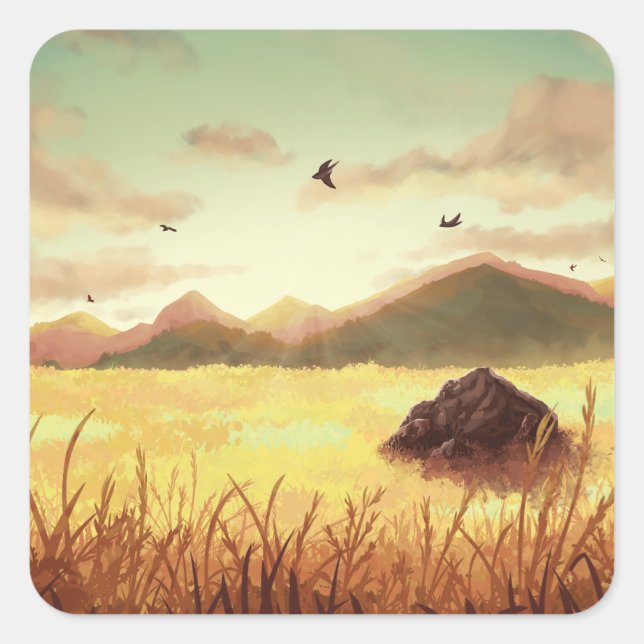 Wheat fields at sunrise quadratischer aufkleber (Vorderseite)