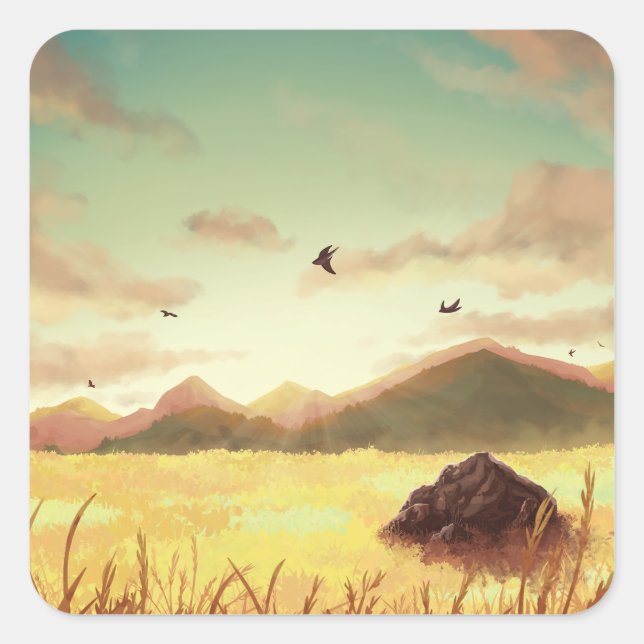 Wheat fields at sunrise quadratischer aufkleber (Vorderseite)