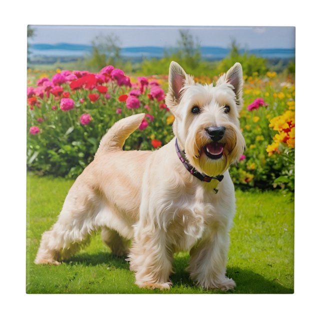 Wheaten Scottish Terrier spielt in Blume Grass Fliese (Vorderseite)