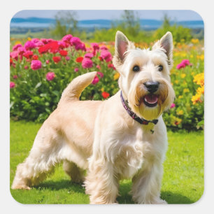 Wheaten Scottish Terrier spielt in Blume Grass Quadratischer Aufkleber