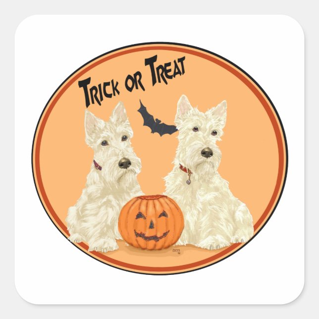 Wheaten Scottish Terriers Halloween Quadratischer Aufkleber (Vorderseite)