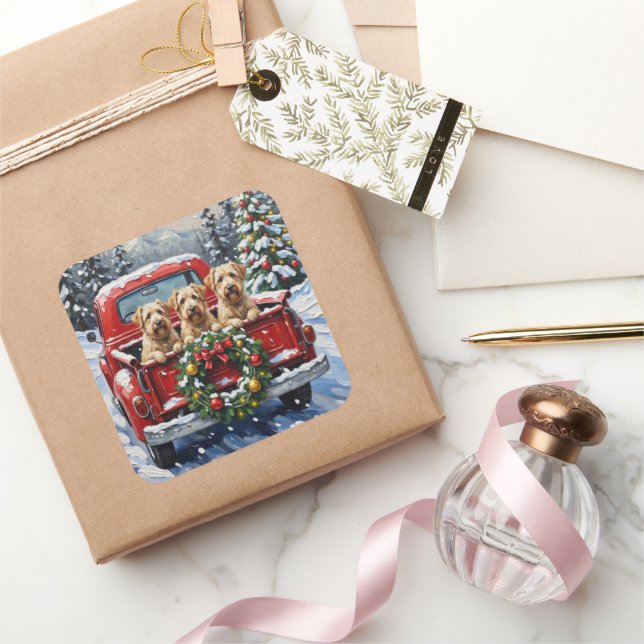 Wheaten Terrier Christmas Red Truck Holiday Gift Quadratischer Aufkleber (Schenken)