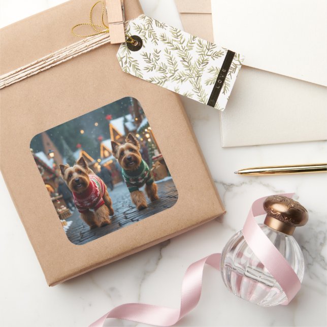 Wheaten Terrier Dogs Christmas Snow Holiday  Quadratischer Aufkleber (Schenken)