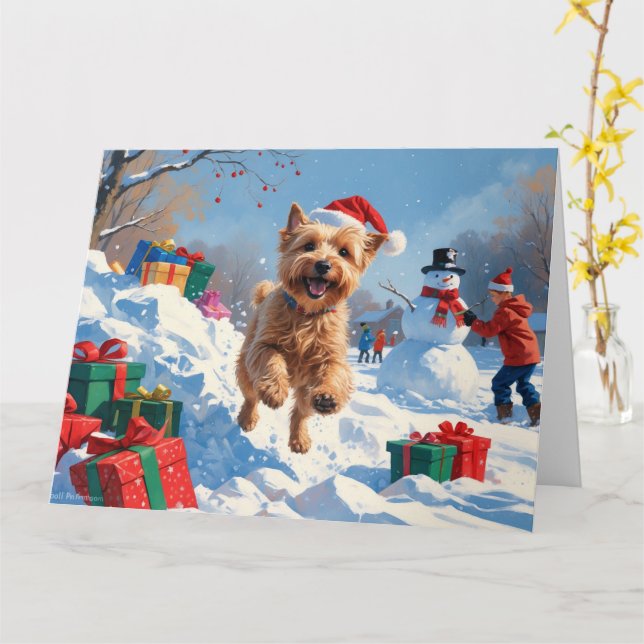 Wheaten Terrier läuft im Schnee mit Weihnachtshut Karte (Gelbe Blume)