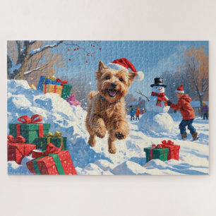 Wheaten Terrier läuft im Schnee mit Weihnachtshut Puzzle
