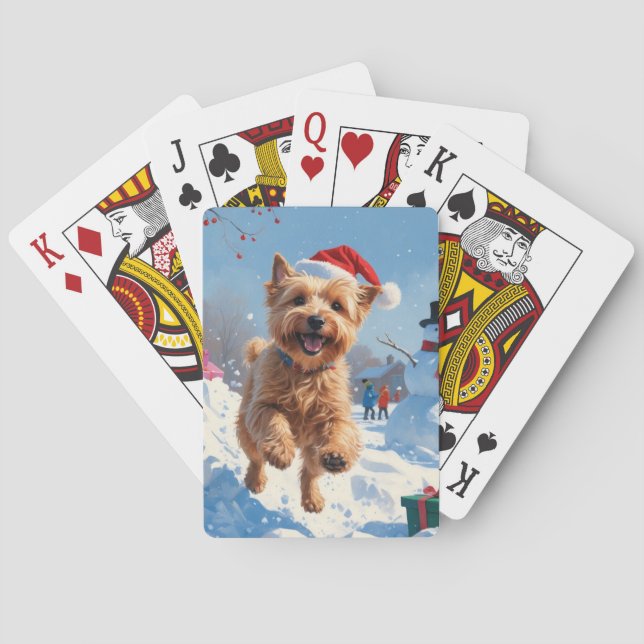 Wheaten Terrier läuft im Schnee mit Weihnachtshut Spielkarten (Rückseite)