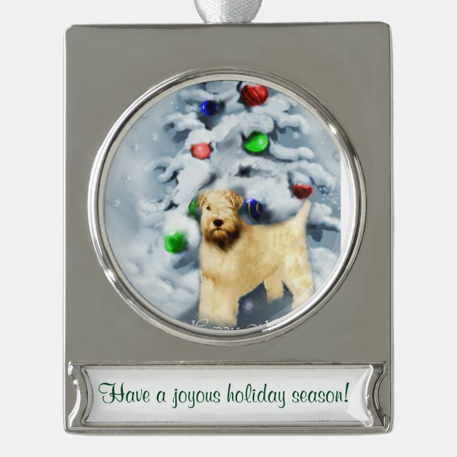 Wheaten Terrier Personalisiert Christmas Banner-Ornament Silber (Vorderseite)