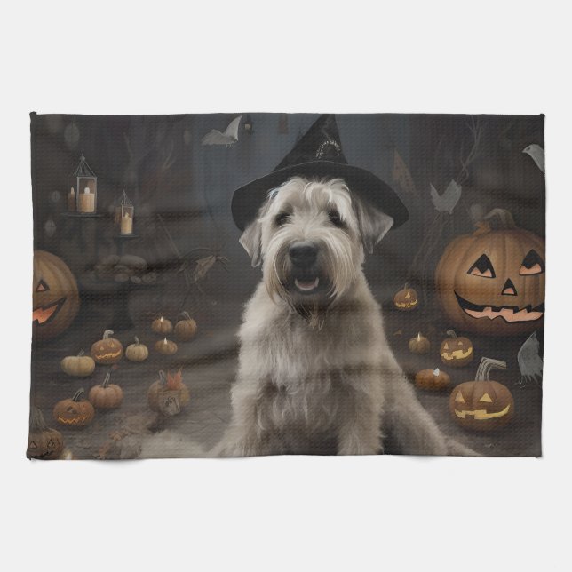 Wheaten Terrier Pumpkins Halloween Beängstigend Geschirrtuch (Horizontal)